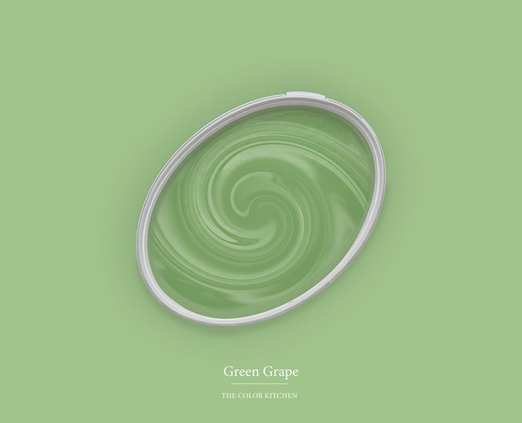 Wandfarbe Green Grape von The Color Kitchen in einem ovalen Eimer mit Wirbelmuster.