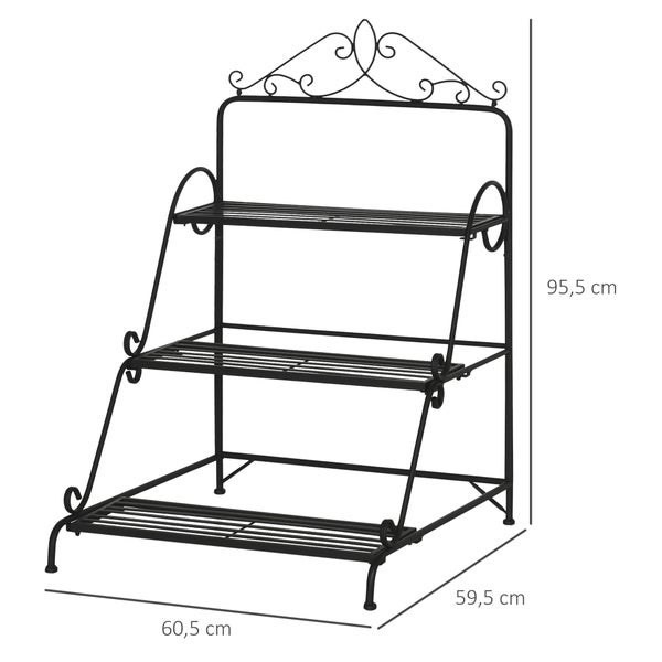 Outsunny Blumentreppe aus Metall 3 Stufen Pflanzenständer Pflanzentreppe Leiterregal Blumenständer innen draußen Schwarz 60,5 x 59,5 x 95,5 cm