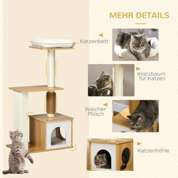 PawHut Kratzbaum, 114 cm hoch, Katzenbaum, mehrstöckiger Kletterbaum mit Katzenbett, Katzenhöhle, Katzenmöbel mit Kitzelsäule, Katzenkratzbaum für Katzen bis 5 kg, Eiche