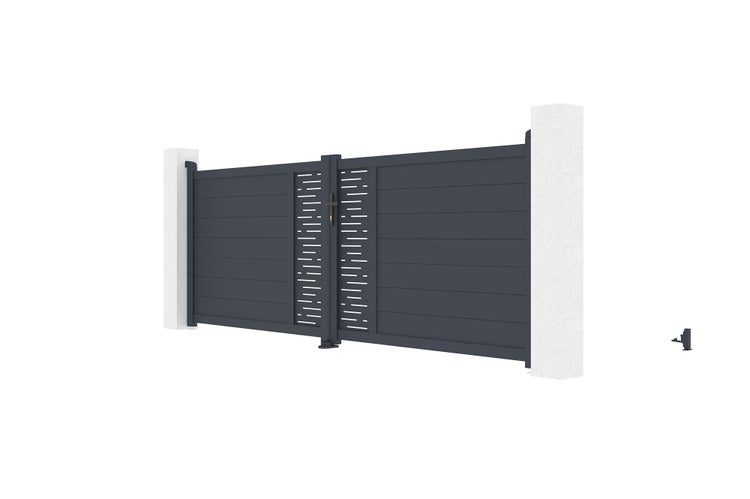 Zweiflügeliges Einfahrtstor aus Aluminium in Anthrazit mit horizontalen Lamellen und dekorativem Mittelteil zwischen zwei Pfosten.
