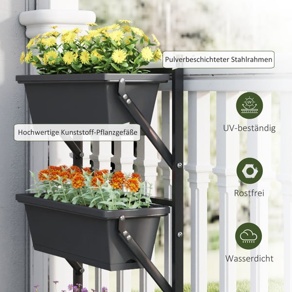 Zweistöckiges Pflanzregal aus pulverbeschichtetem Stahl mit Kunststoff-Pflanzgefäßen. Ultraviolett-beständig, rostfrei und wasserdicht.