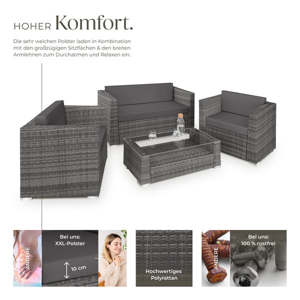 Rattan Lounge tectake München mit Sicherheitsglasplatte mit Aluminiumgestell grau