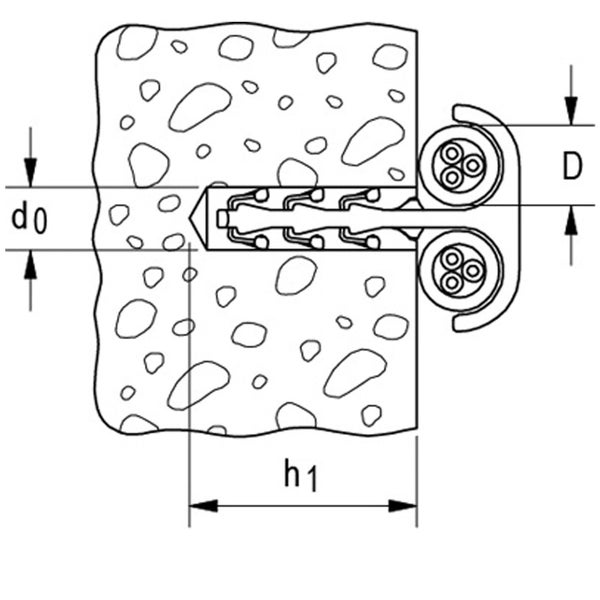 Schemazeichnung einer Rohrschelle mit Dübel zur Befestigung an einer Wand