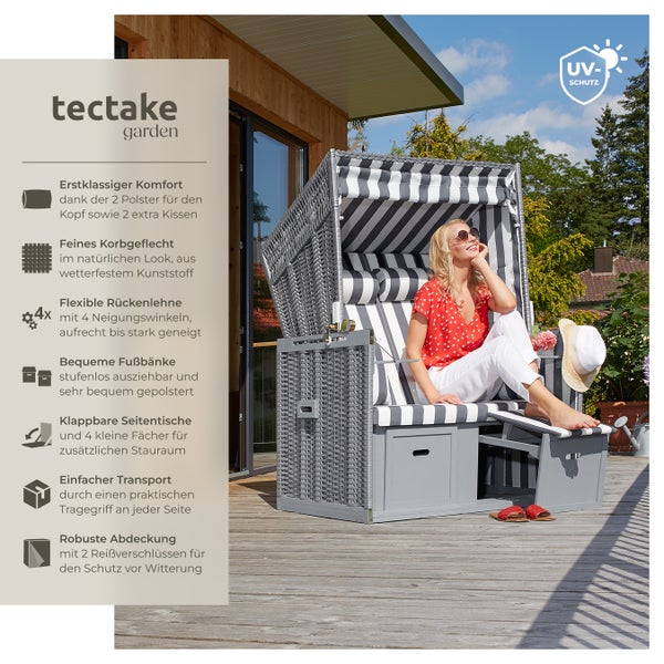 Strandkorb tectake Sylt 115 x 158 x 78 cm gepolstert mit ausziehbaren Fußbänkchen grau/weiß