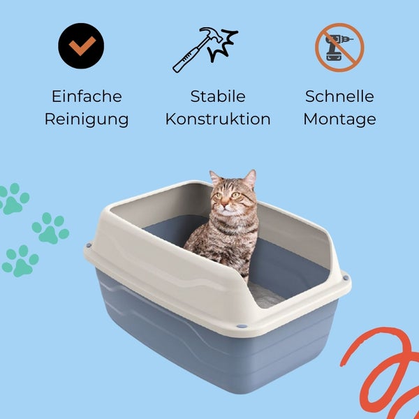 Katze in einer Katzentoilette mit den Symbolen einfache Reinigung, stabile Konstruktion und schnelle Montage