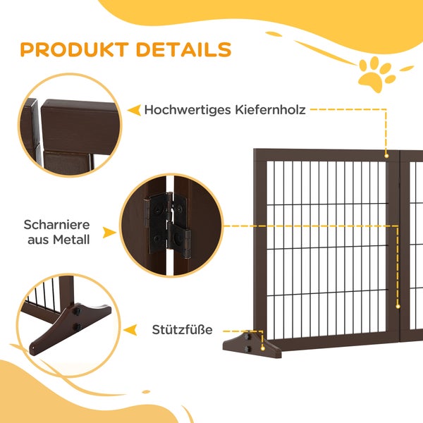 PawHut Absperrgitter für Hunde Schutzgitter Hundegitter mit Stützfüßen Treppengitter Hundeabsperrgitter Türschutzgitter für Kamin & Ofen, Kiefernholz Braun 185 x 36 x 71 cm