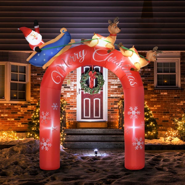 Outsunny 270 cm Aufblasbarer Weihnachtsdeko Torbogen mit Weihnachtsmann auf Schlittenmit und Rentiere Weihnachtsfiguren mit LED Licht für Hausgarten-Familien-Prop Wassserdicht Polyester