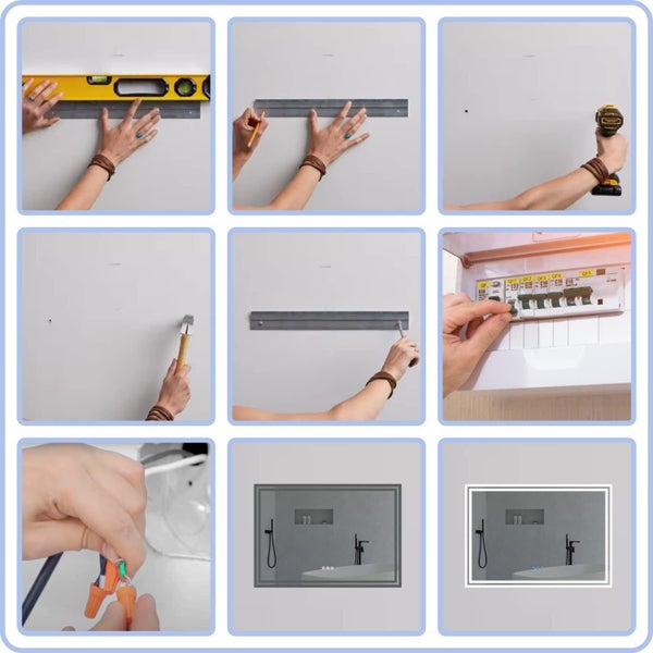 Neun Schritte Montageanleitung für einen Wandspiegel mit LED Beleuchtung, inklusive Ausrichten, Bohren, Stromanschluss und Montage an der Wand.