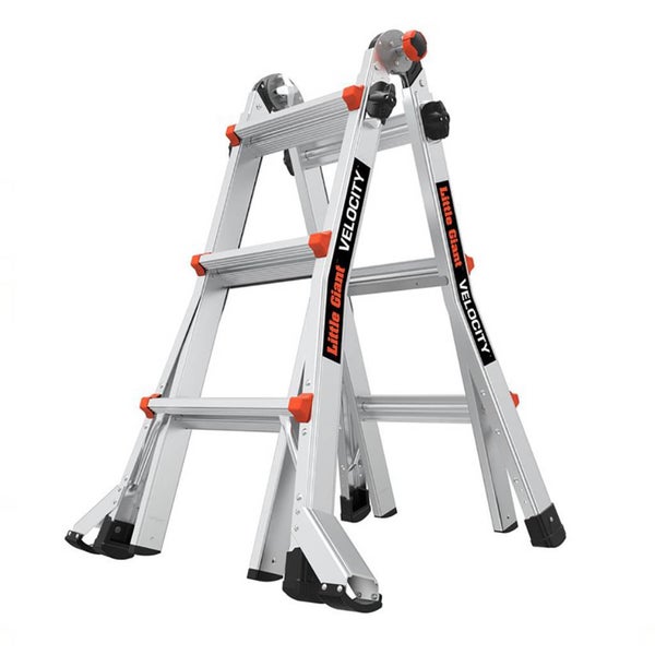 Little Giant Velocity Mehrzweckleiter aus Aluminium, Teleskop-Klappleiter mit orangefarbenen Bedienelementen und schwarzen Füßen.