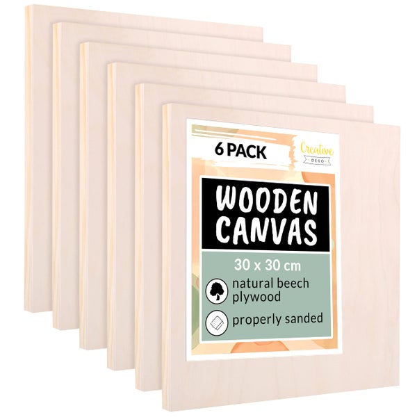 6er-Pack Holzleinwand aus natürlichem Buchensperrholz, 30 mal 30 Zentimeter, geschliffene Oberfläche.