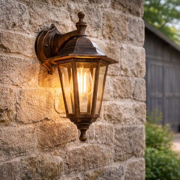 Klassische Außenwandleuchte in Antik-Optik mit Glaseinsätzen an einer Steinwand mit leuchtendem Leuchtmittel.
