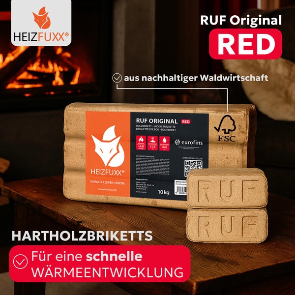HEIZFUXX RUF Original RED Holzbriketts aus nachhaltiger Waldwirtschaft zur schnellen Wärmeentwicklung für Kamin und Ofen.