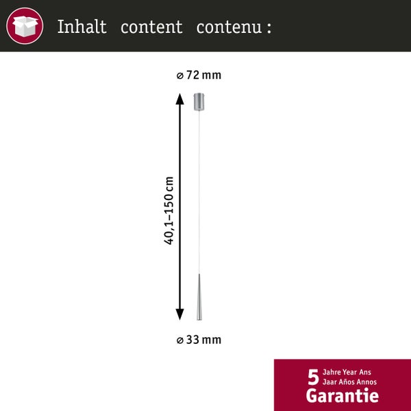 Pendelleuchte mit Maßangaben: Höhe 40,1 bis 150 Zentimeter, Baldachin-Durchmesser 72 Millimeter, Kopf-Durchmesser 33 Millimeter. 5 Jahre Garantie.