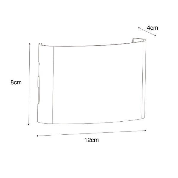 Maßzeichnung einer gebogenen Wandleuchte: Höhe 8 Zentimeter, Breite 12 Zentimeter, Tiefe 4 Zentimeter.