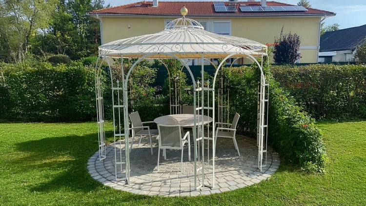 Pavillon ELEO Florenz Ø 3,7 m weiß - pulverbeschichtet | mit Dekorkugel und Sonnensegel ecru