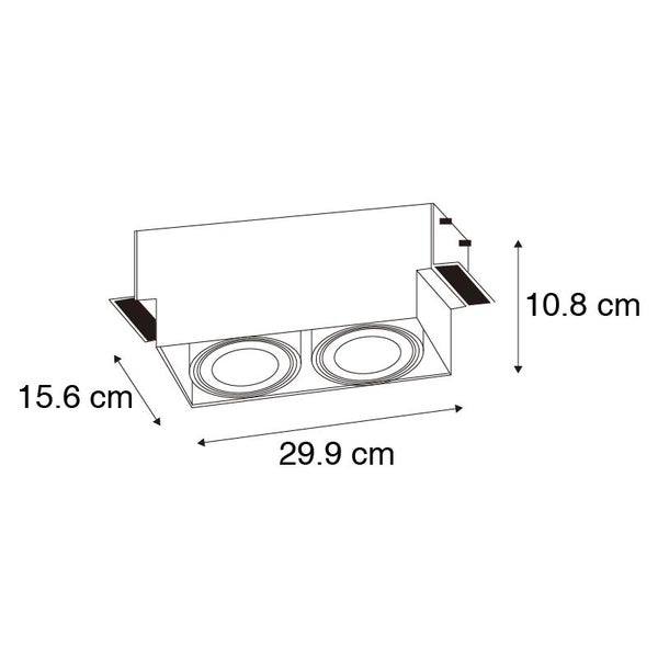 Maßzeichnung eines zweiflammigen Einbaustrahlers mit den Maßen 29,9 Zentimeter Länge, 15,6 Zentimeter Breite und 10,8 Zentimeter Höhe.