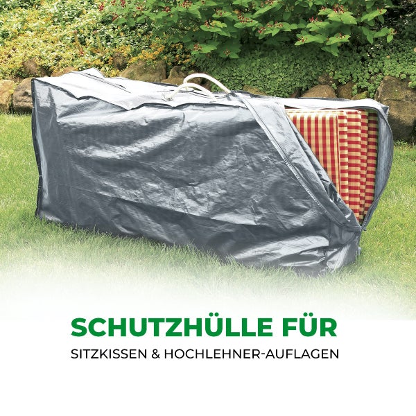 Graue Schutzhülle für Sitzkissen und Hochlehner-Auflagen mit Reißverschluss und Tragegriffen auf einer Rasenfläche.