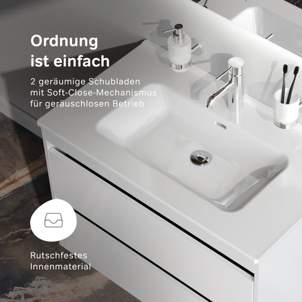 Waschtisch mit zwei geräumigen Schubladen und Soft-Close-Mechanismus für geräuschloses Schließen sowie rutschfestem Innenmaterial