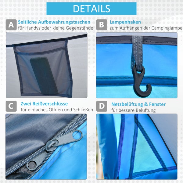Outsunny Pop up Zelt für 1-2 Personen, Campingzelt für 3 Jahreszeiten, 220 x 108 x 110 cm, Polyester, Glasfaser, Blau+Grau