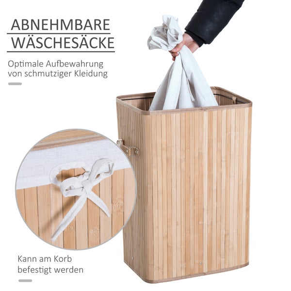 HOMCOM Wäschekorb, Wäschebox, Wäschesammler mit Deckel, Segeltuchsack, waschbarem Wäschesack, mit Griffen, Bambus , faltbar, 72L, Natur, 40 x 30 x 60 cm