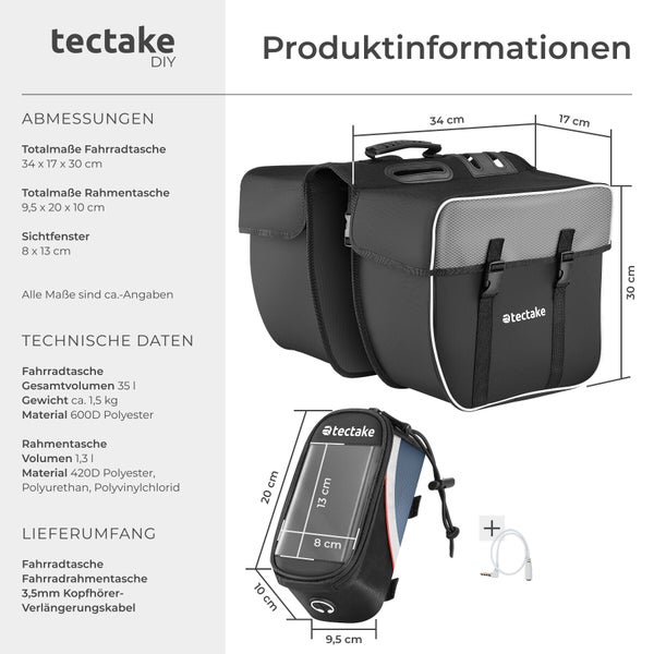 Produktinformationen zu Fahrradtasche und Rahmentasche von tectake mit Maßangaben