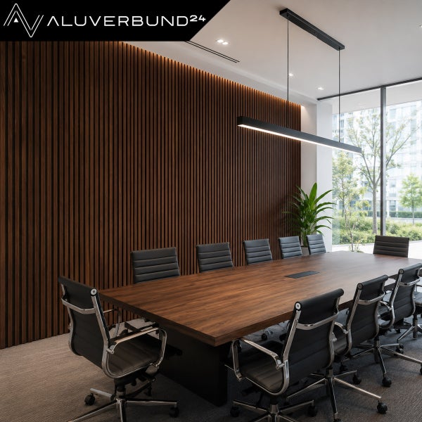 Moderner Konferenzraum mit Holzwandverkleidung, großem Konferenztisch aus Holz, ergonomischen Bürostühlen und Pendelleuchte.