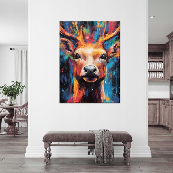 Bilder Abstrakt Hirsch Bunt Modern Leinwandbild Wanddeko 60x40 cm