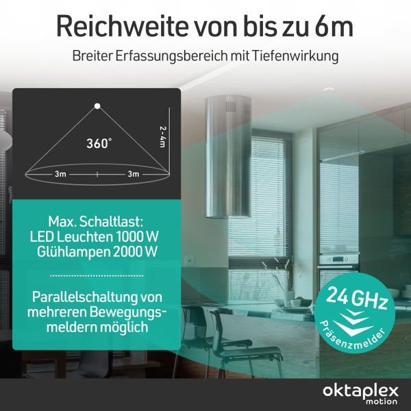 Grafik mit den technischen Daten des Bewegungsmelders: Reichweite bis zu sechs Meter, Erfassungsbereich 360 Grad, Parallelschaltung mehrerer Bewegungsmelder möglich, maximale Schaltlast LED-Leuchten 1000 Watt, Glühlampen 2000 Watt, Oktaplex Motion Logo.