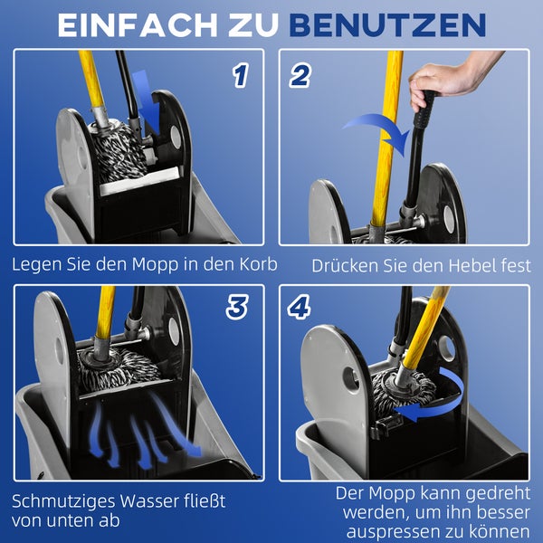 HOMCOM Reinigungswagen 36 Liter Fahreimer Putzeimer Wischwagen mit Auswringvorrichtung, Grau, 54 x 41 x 91,5 cm