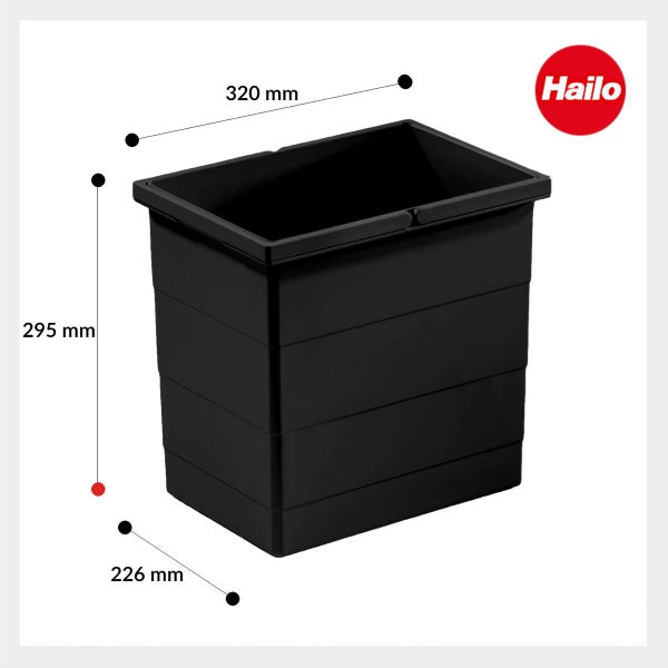 Hailo Mülleimer in Schwarz aus Kunststoff mit Hailo Logo. Maße: Breite 320 Millimeter, Tiefe 226 Millimeter, Höhe 295 Millimeter.