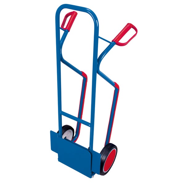 Blaue Sackkarre aus Metall mit roten Sicherheitsgriffen und zwei Rädern.