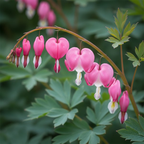 Tränendes Herz mit herzförmigen rosa und weißen Blüten an einem bogenförmigen Stiel.