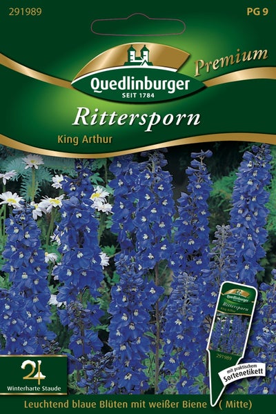 Samenpackung für Rittersporn King Arthur von Quedlinburger, winterharte Staude mit blauen Blüten und weißer Mitte, inklusive Sortenetikett.