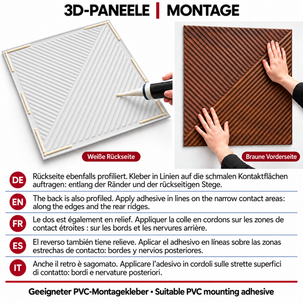 Montageanleitung für 3D Paneele aus Kunststoff mit Auftrag von Montagekleber auf die Rückseite und Platzierung an der Wand.