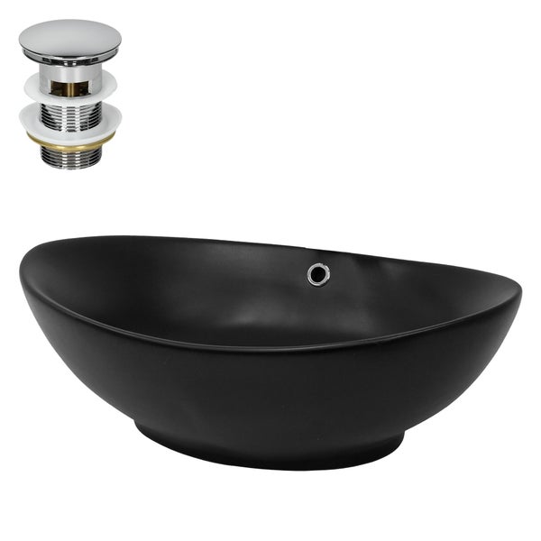 ML-Design Waschbecken Keramik Schwarz matt 59x38x19 cm inkl. Ablaufgarnitur, Ovale Aufsatzwaschbecken mit Überlauf, Moderne Waschtisch Waschschale Waschplatz Handwaschbecken, für Badezimmer/Gäste-WC