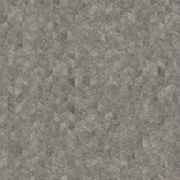 Graue Vliestapete in Steinoptik mit Chevron-Muster.