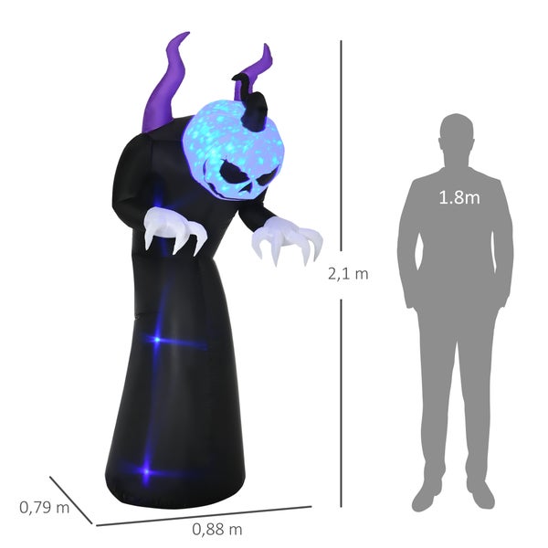 Outsunny 210 cm Aufblasbar Gespenst mit Kürbiskopf Halloweendeko mit blauem Flammeneffekt mit LED-Lichte Aufblasbare Halloweendekoration Wasserdicht für den Innen und Außenbereich