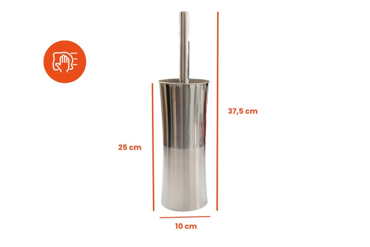 WC-Bürstengarnitur aus Edelstahl mit Maßen 10 Zentimeter Durchmesser, 25 Zentimeter Behälterhöhe und 37,5 Zentimeter Gesamthöhe, leicht zu reinigen.