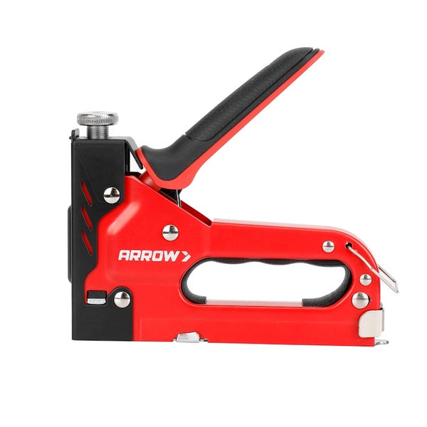 Manueller Arrow Handtacker in Rot und Schwarz aus Metall mit verstellbarer Schlagkraft.