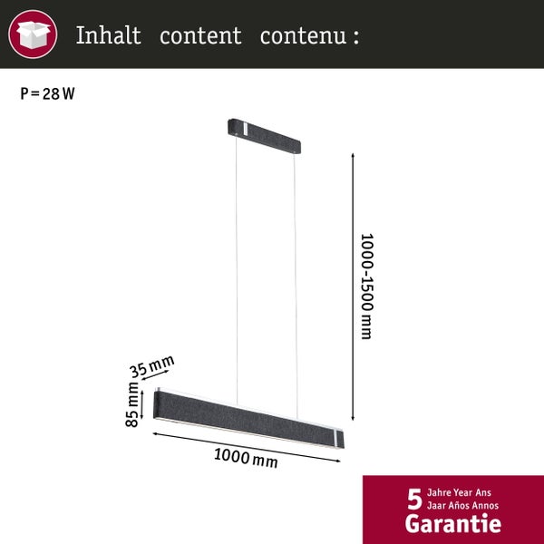 Pendelleuchte, Länge 1000 Millimeter, Höhe 85 Millimeter, Breite 35 Millimeter, höhenverstellbar bis 1500 Millimeter, 28 Watt, 5 Jahre Garantie.