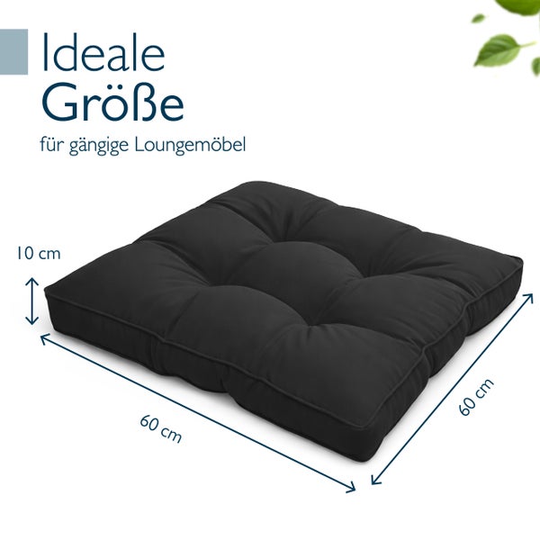 Quadratisches Loungekissen mit den Maßen 60 mal 60 mal 10 Zentimeter für Gartenmöbel