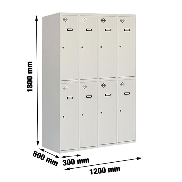 PROREGAL Spind Amego 8 Abteile HxBxT 180 x 120 x 50 cm Abteilbreite 30 cm Unterteilt Feuerfeste Beschichtung Lichtgrau Metallspind Kleiderspind