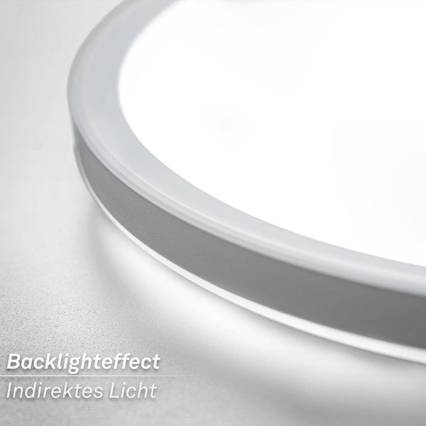 Detailaufnahme einer runden LED-Deckenleuchte mit indirektem Lichteffekt