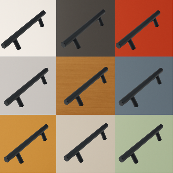 Mehrere Schubladengriffe im T-Design auf farbigem Hintergrund