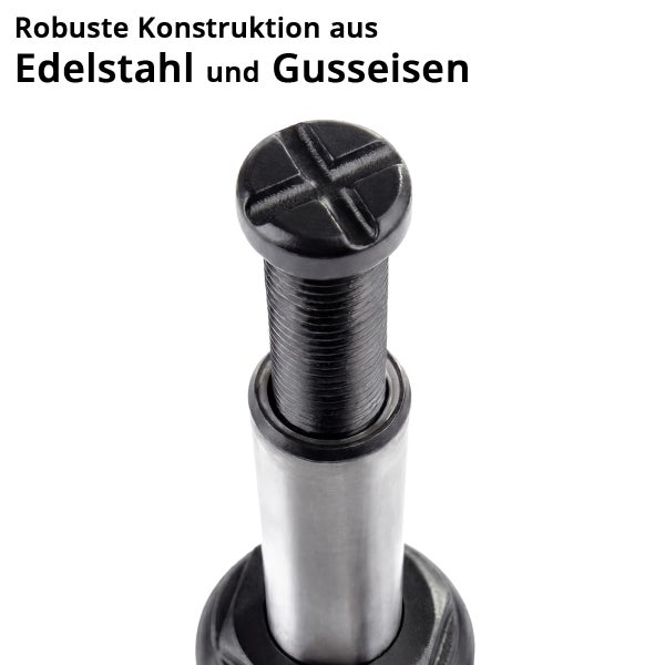 Robuste Konstruktion aus Edelstahl und Gusseisen mit Gewindebolzen und Kreuzschlitz.