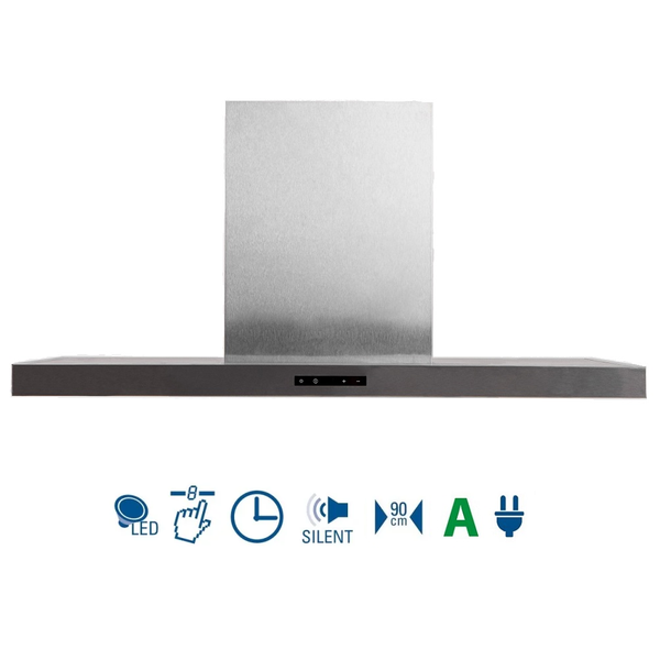 Dunstabzugshaube aus Edelstahl mit Touch-Steuerung, LED-Beleuchtung, Timer, leisem Betrieb, 90 Zentimeter Breite und Energieeffizienzklasse A.
