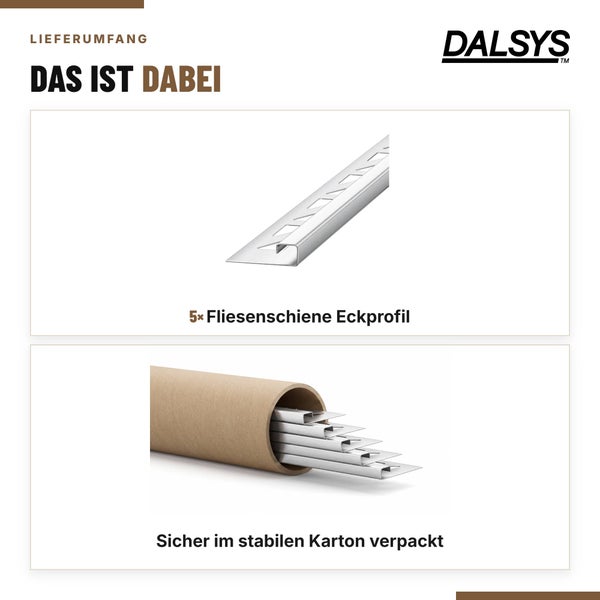 Dalsys Logo und Lieferumfang von fünf Fliesenschienen Eckprofilen, sicher verpackt in einer stabilen Papprolle.