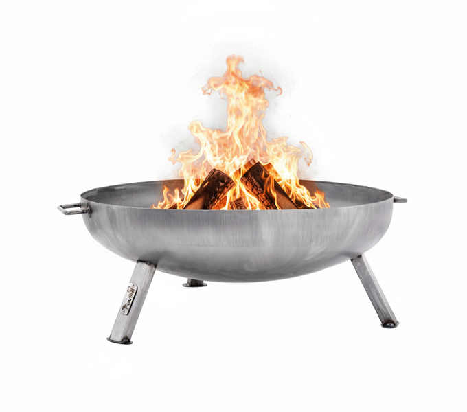Feuerschale aus Metall mit brennendem Holz
