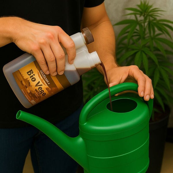 Person gießt Bio Vege Pflanzendünger aus einer Flasche in eine grüne Gießkanne für die Pflanzenpflege.