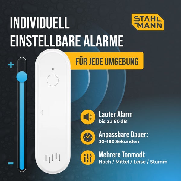 Stahl Mann Alarmgerät mit einstellbarer Lautstärke bis 80 Dezibel, Dauer von 30 bis 180 Sekunden und mehreren Tonmodi. Stahl Mann Logo.